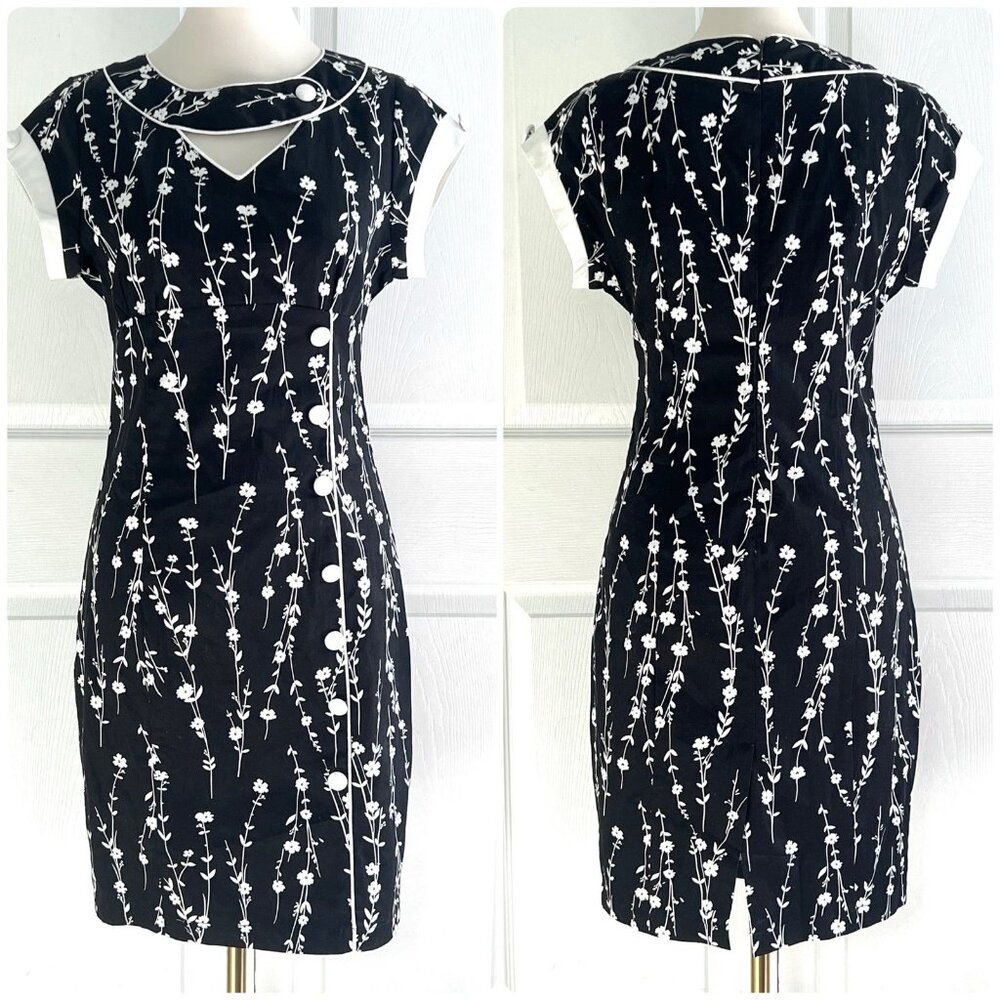 NWOT Voodoo Vixen Black White Floral Pinup Midi Dress Womens sz M Button Detail